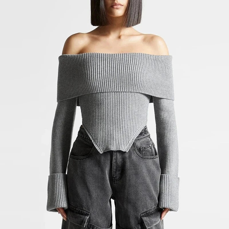 CHICEVER Casual Slash Neck Long Sleeve Cold Shoulder Knitted Sweaters For Women 2023