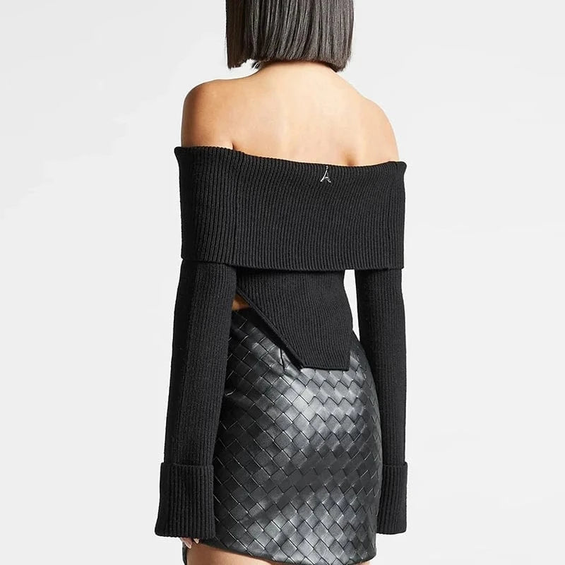 CHICEVER Casual Slash Neck Long Sleeve Cold Shoulder Knitted Sweaters For Women 2023