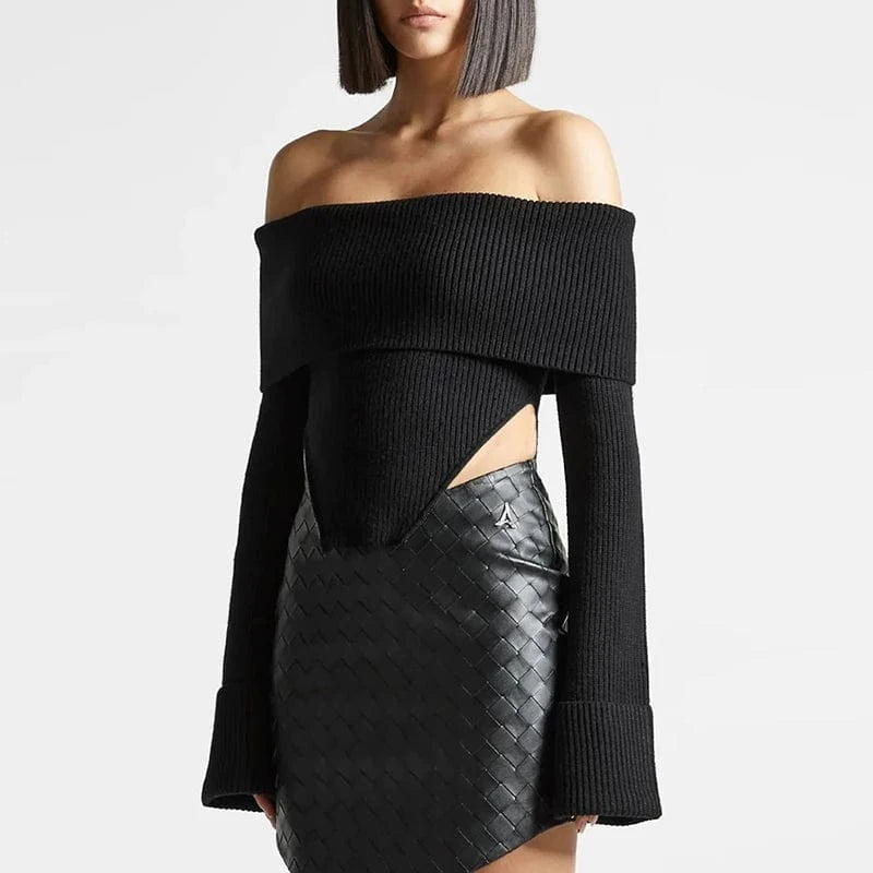 CHICEVER Casual Slash Neck Long Sleeve Cold Shoulder Knitted Sweaters For Women 2023