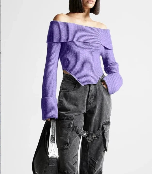 CHICEVER Casual Slash Neck Long Sleeve Cold Shoulder Knitted Sweaters For Women 2023