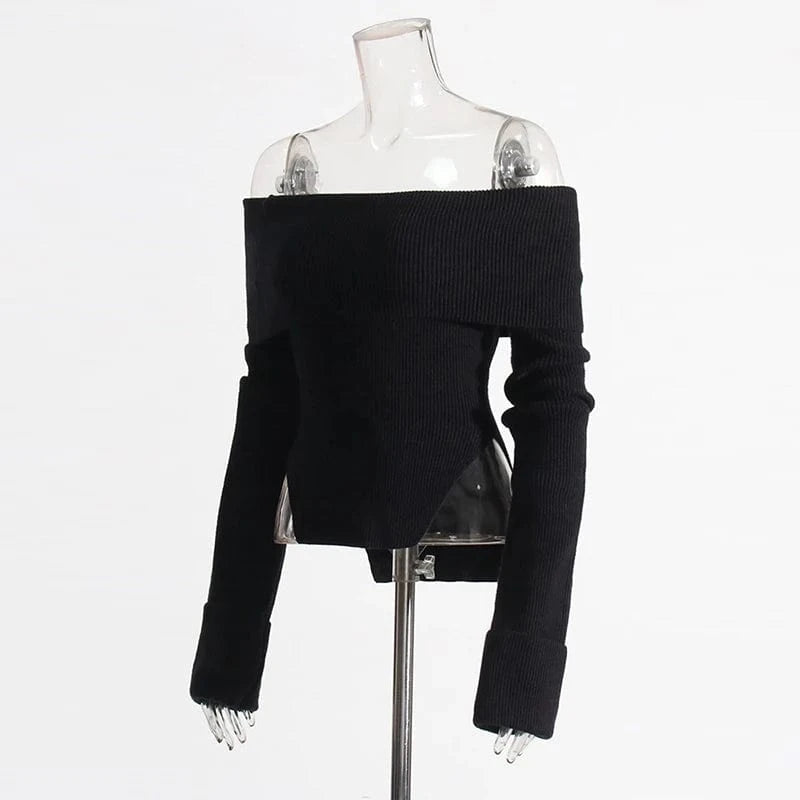 CHICEVER Casual Slash Neck Long Sleeve Cold Shoulder Knitted Sweaters For Women 2023