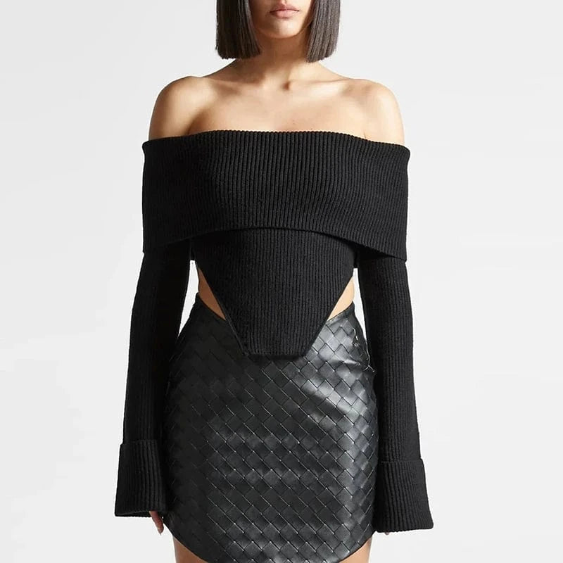 CHICEVER Casual Slash Neck Long Sleeve Cold Shoulder Knitted Sweaters For Women 2023