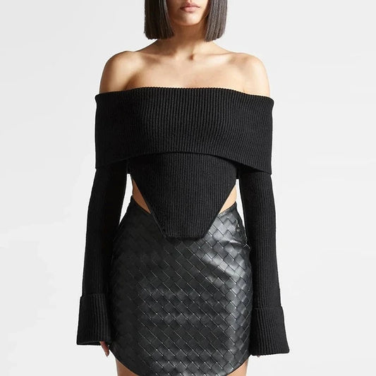 CHICEVER Casual Slash Neck Long Sleeve Cold Shoulder Knitted Sweaters For Women 2023