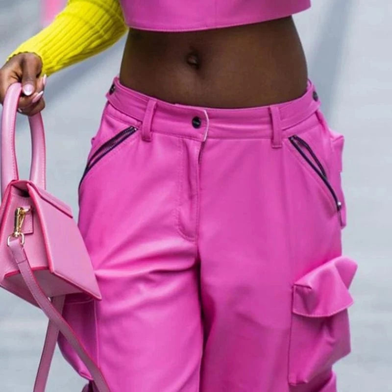 CHICEVER Casual Spliced Button High Waist Patchwork Pockets Women Leather Pants 2023