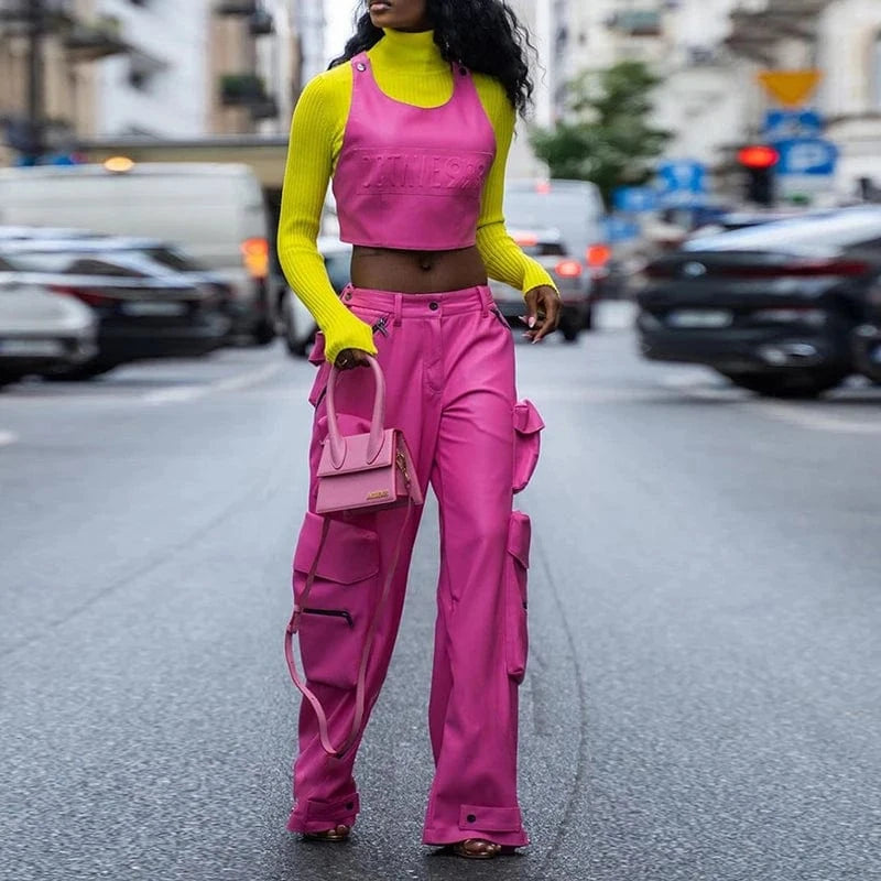 CHICEVER Casual Spliced Button High Waist Patchwork Pockets Women Leather Pants 2023