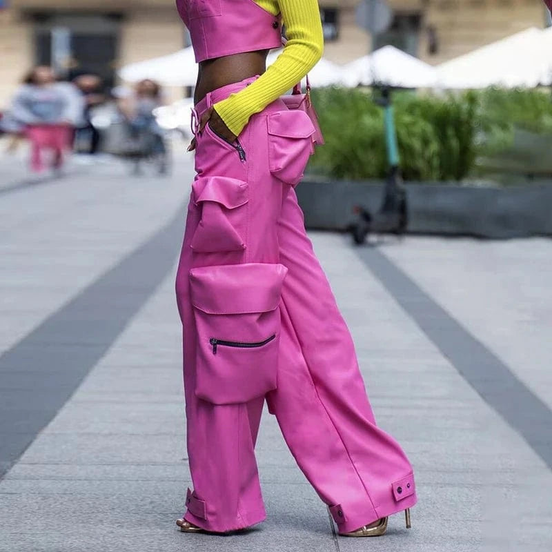 CHICEVER Casual Spliced Button High Waist Patchwork Pockets Women Leather Pants 2023