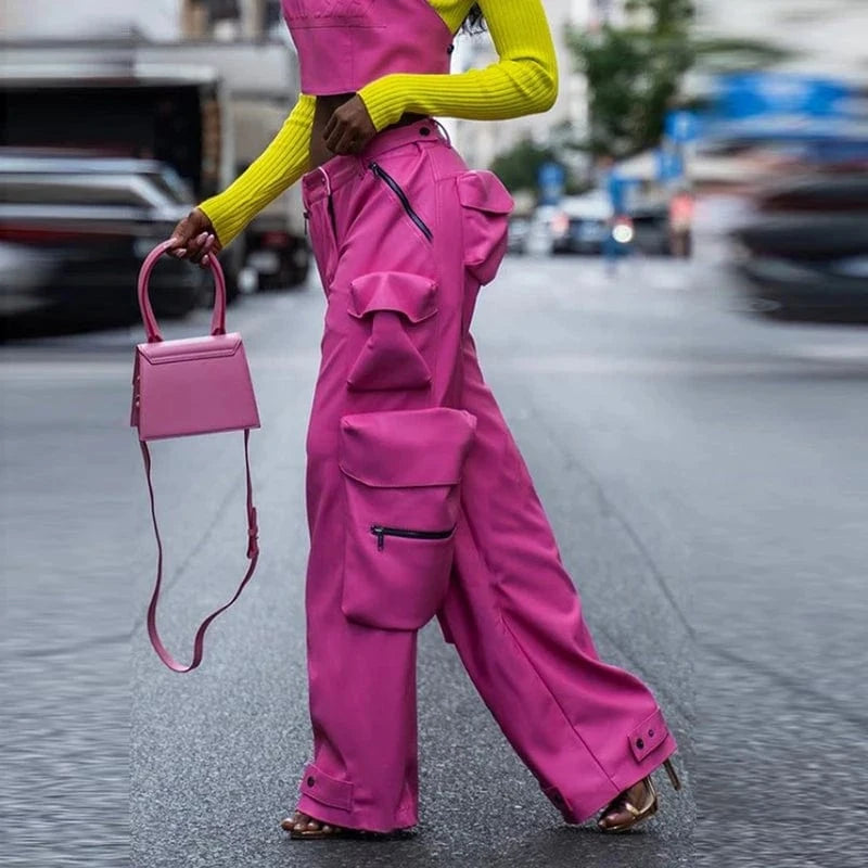 CHICEVER Casual Spliced Button High Waist Patchwork Pockets Women Leather Pants 2023