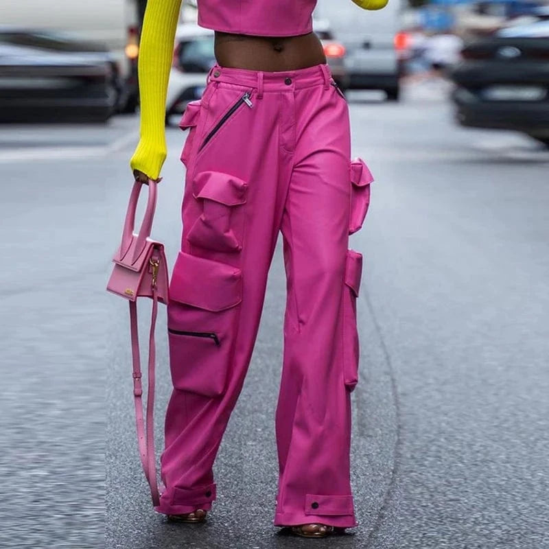 CHICEVER Casual Spliced Button High Waist Patchwork Pockets Women Leather Pants 2023