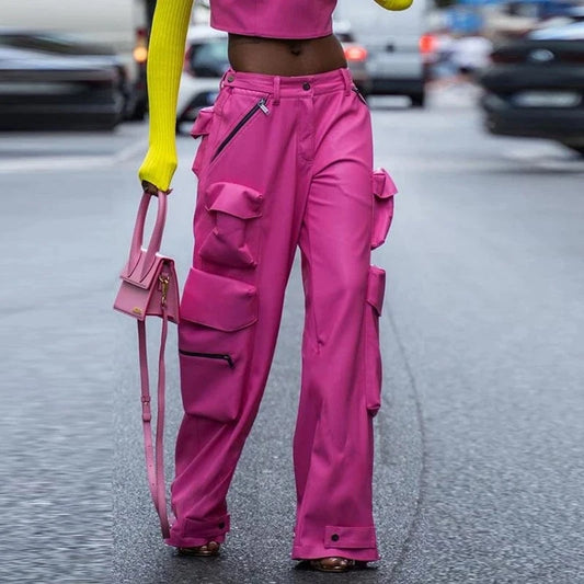 CHICEVER Casual Spliced Button High Waist Patchwork Pockets Women Leather Pants 2023