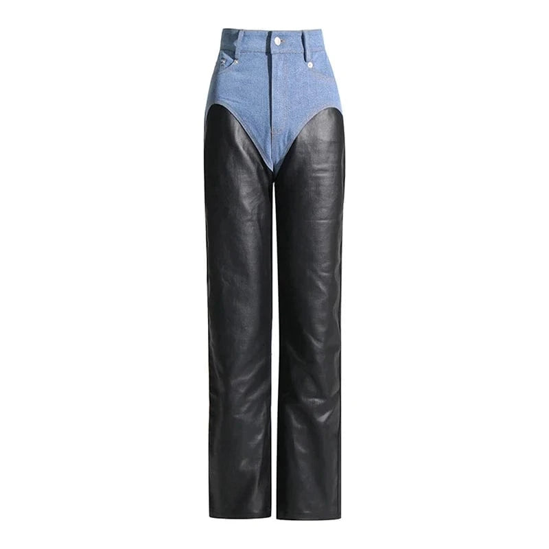 CHICEVER Casual Streetwear High Waist Loose Patchwork Denim Leather Pants For Women 2023