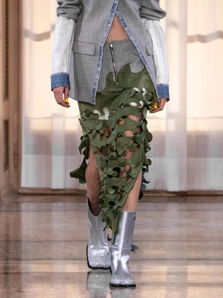 CHICEVER Colorblock High Waist Patchwork Zipper Hollow Out Ladies Long Skirts For Women