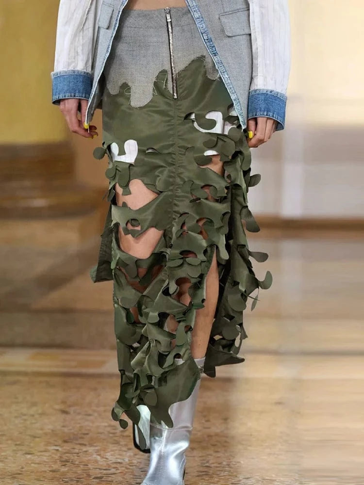 CHICEVER Colorblock High Waist Patchwork Zipper Hollow Out Ladies Long Skirts For Women