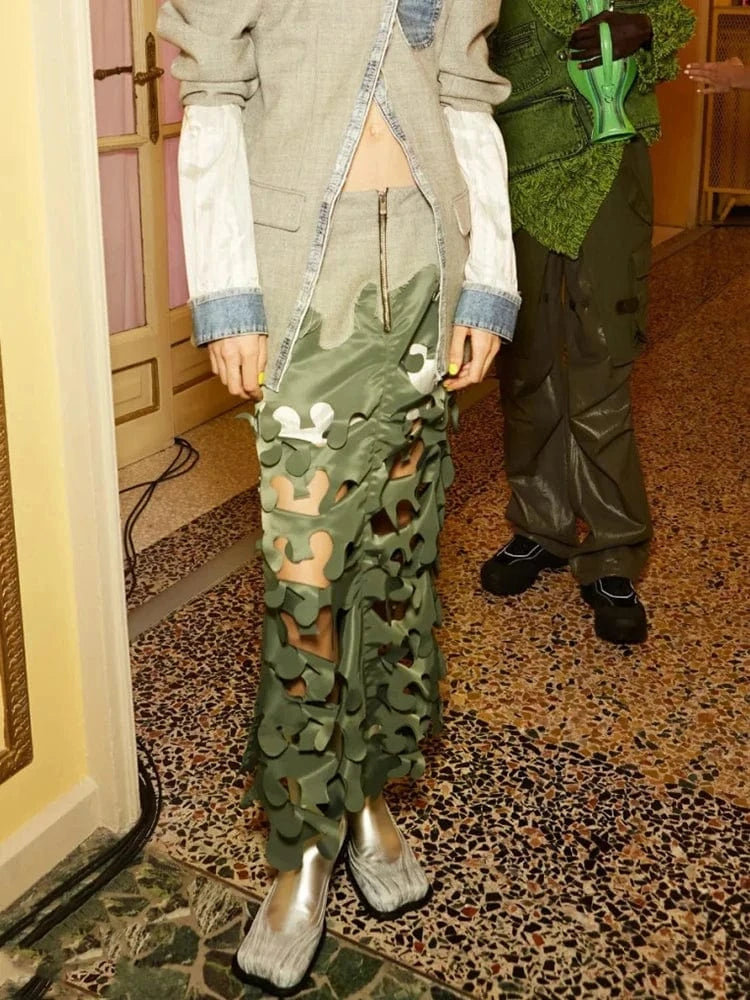 CHICEVER Colorblock High Waist Patchwork Zipper Hollow Out Ladies Long Skirts For Women