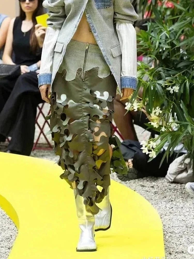 CHICEVER Colorblock High Waist Patchwork Zipper Hollow Out Ladies Long Skirts For Women