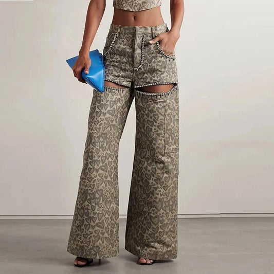 CHICEVER Colorblock Hollow Out Patchwork Diamonds Wide Leg Denim High Wholesale Women Jeans