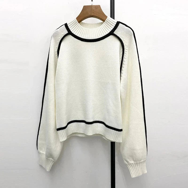 CHICEVER Colorblock Pullover Round Neck Long Sleeve Knitted Sweaters For Women 2023