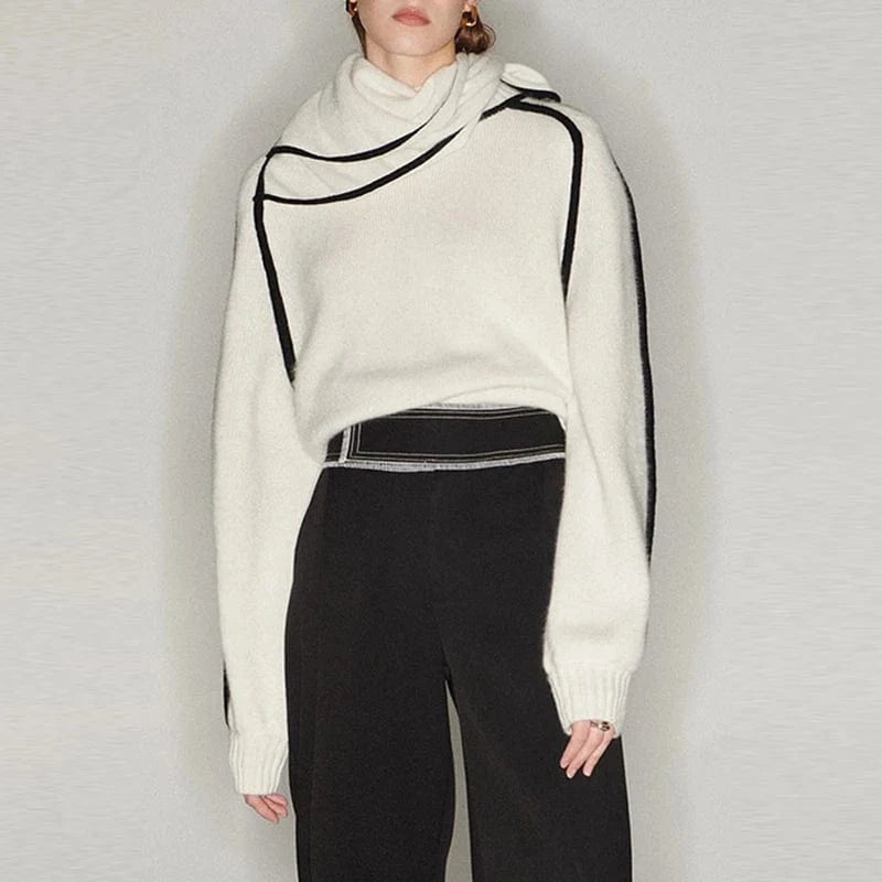 CHICEVER Colorblock Pullover Round Neck Long Sleeve Knitted Sweaters For Women 2023