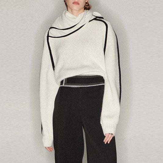 CHICEVER Colorblock Pullover Round Neck Long Sleeve Knitted Sweaters For Women 2023