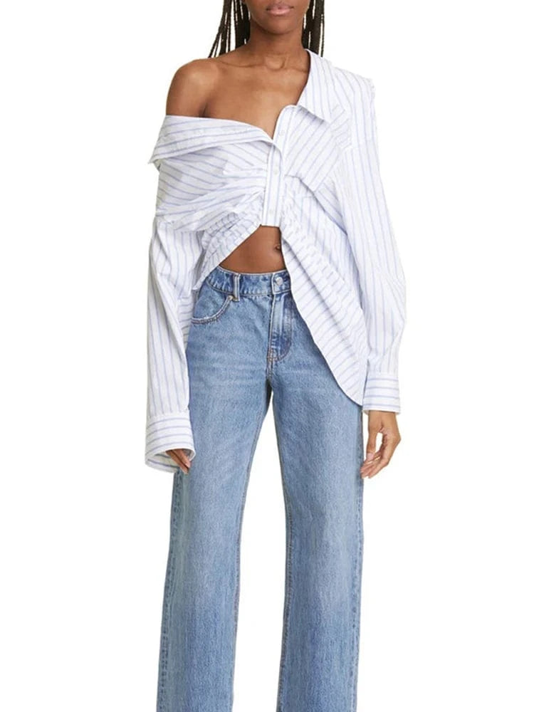 CHICEVER Elegant Blouses Diagonal Collar Long Sleeve Patchwork Single Breasted Tops And Blouse For Women