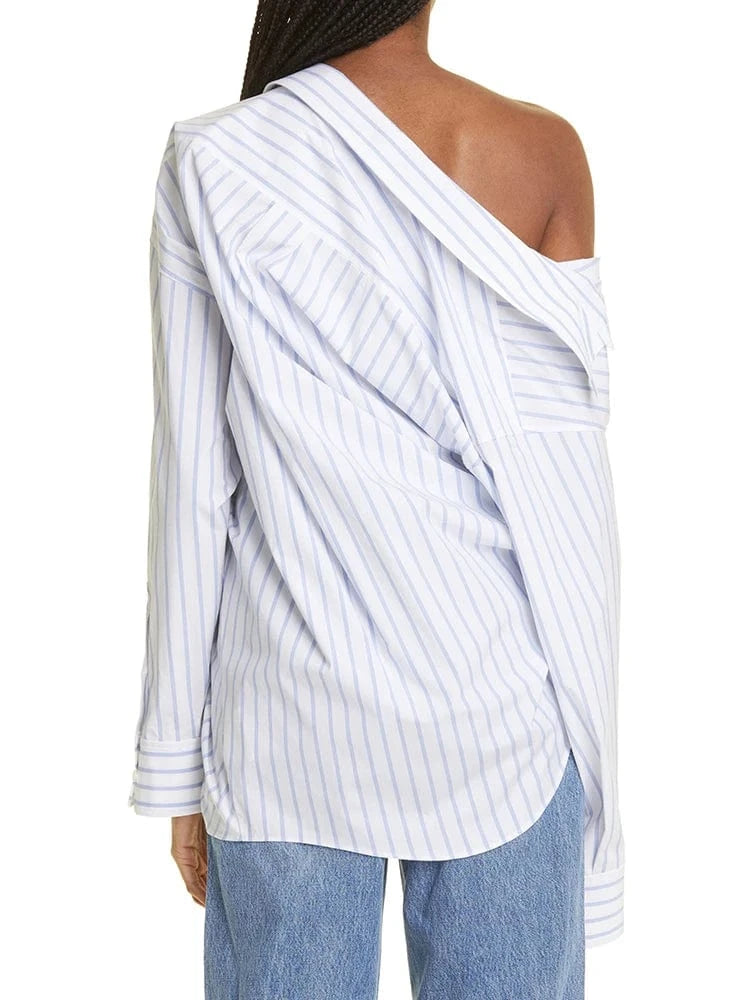 CHICEVER Elegant Blouses Diagonal Collar Long Sleeve Patchwork Single Breasted Tops And Blouse For Women