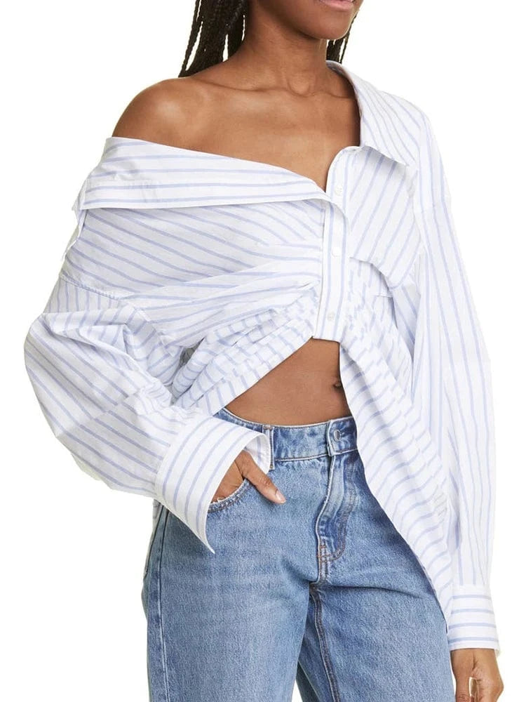 CHICEVER Elegant Blouses Diagonal Collar Long Sleeve Patchwork Single Breasted Tops And Blouse For Women