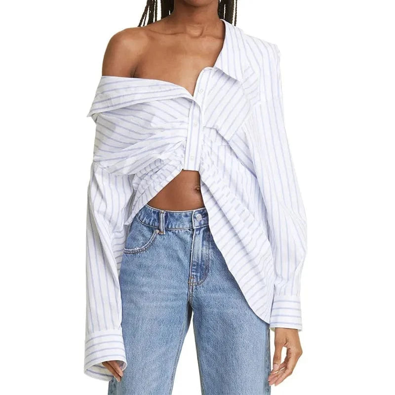 CHICEVER Elegant Blouses Diagonal Collar Long Sleeve Patchwork Single Breasted Tops And Blouse For Women