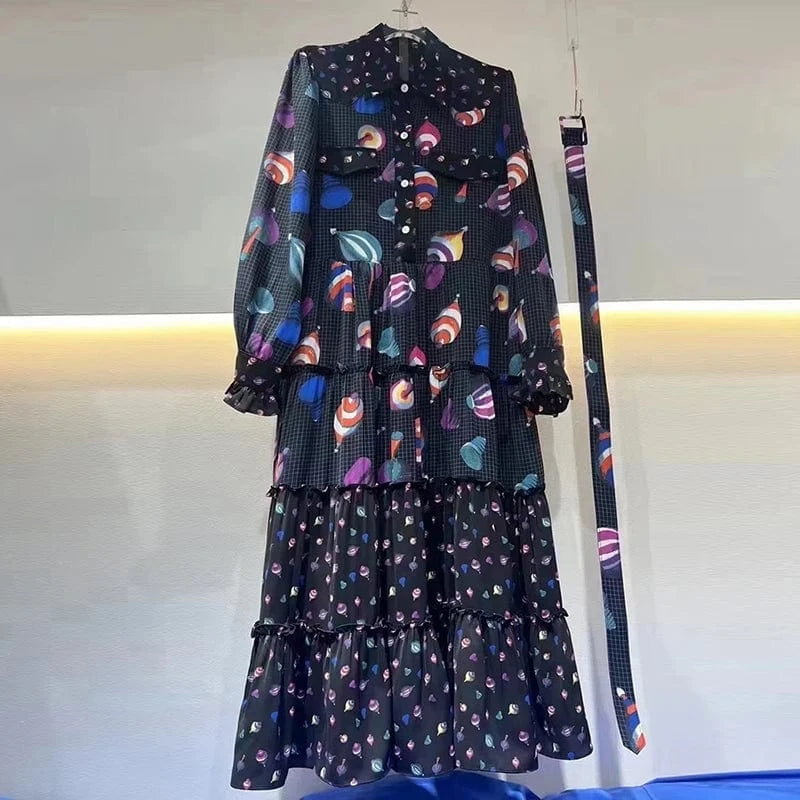 CHICEVER Elegant Casual Lapel Long Sleeve Single Breasted Patchwork Belt Lady Dresses Women Dress 2023