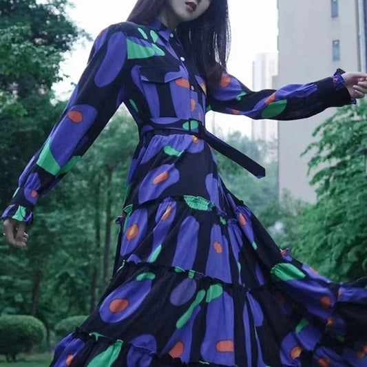 CHICEVER Elegant Casual Lapel Long Sleeve Single Breasted Patchwork Belt Lady Dresses Women Dress 2023