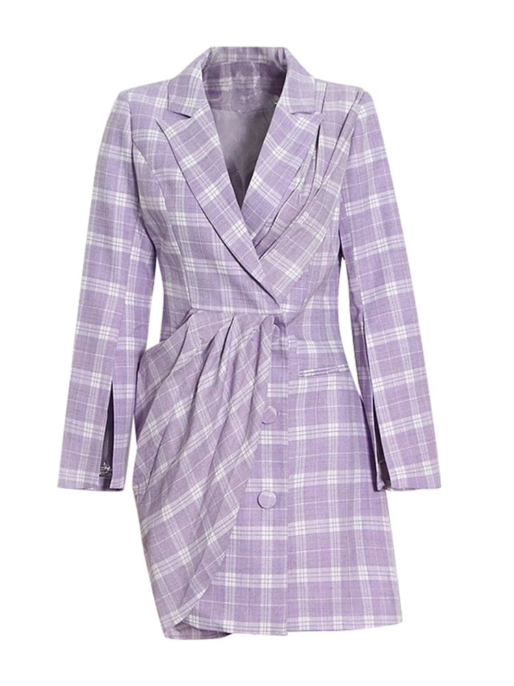 CHICEVER Elegant Colorblock Plaid Patchwork Single Breasted Lady Dresses Women Blazer Dress