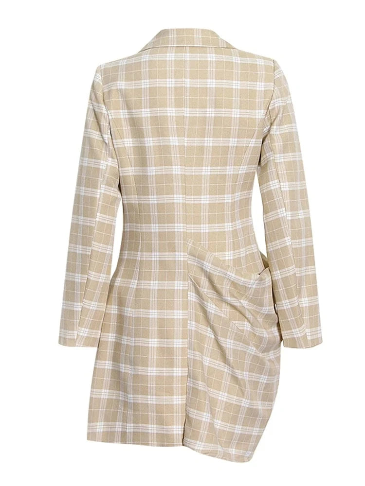 CHICEVER Elegant Colorblock Plaid Patchwork Single Breasted Lady Dresses Women Blazer Dress