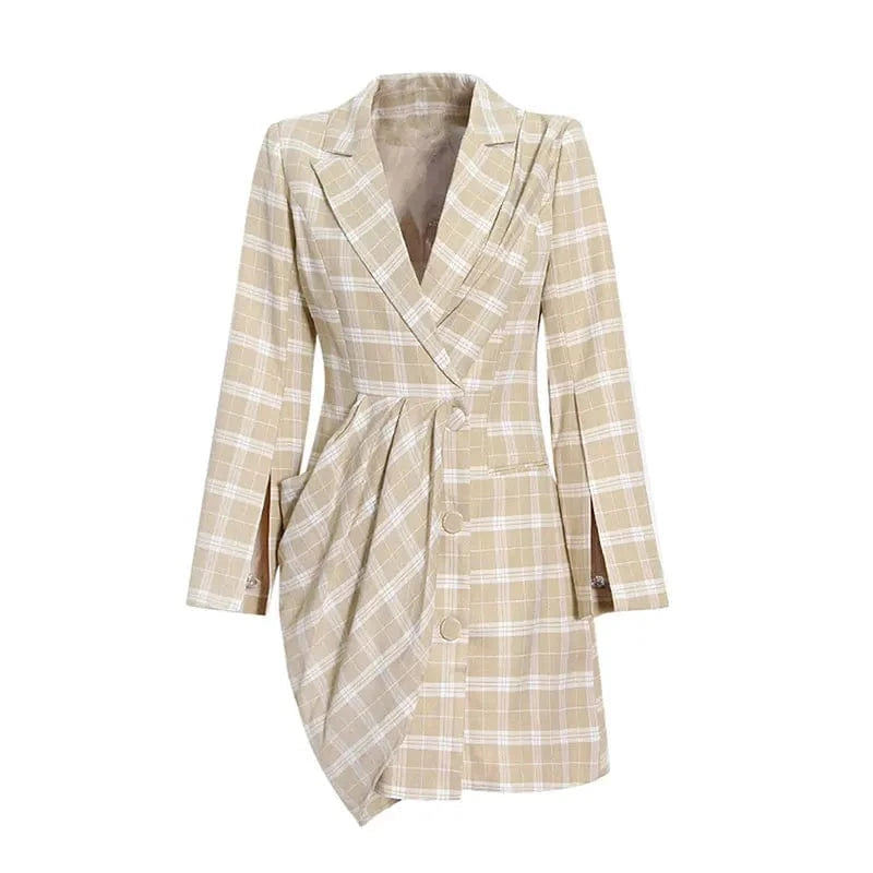 CHICEVER Elegant Colorblock Plaid Patchwork Single Breasted Lady Dresses Women Blazer Dress