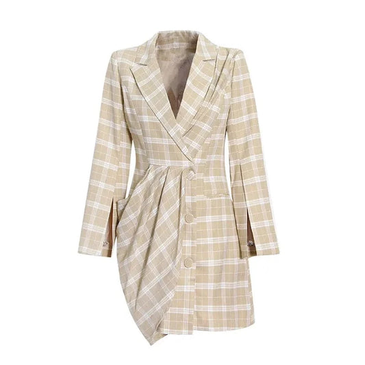 CHICEVER Elegant Colorblock Plaid Patchwork Single Breasted Lady Dresses Women Blazer Dress