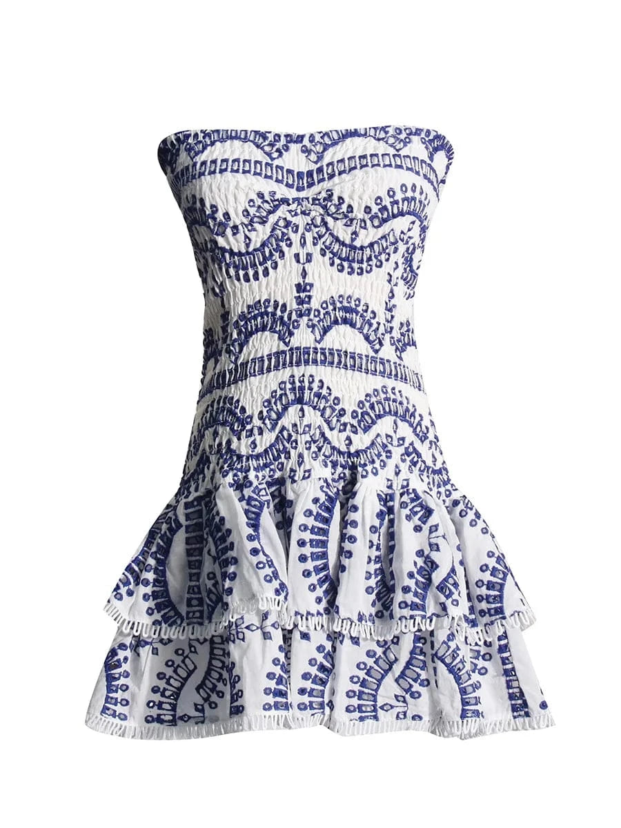 CHICEVER Elegant Dresses Casual Strapless Sleeveless High Waist Spliced Ruffles Hem Women Cotton Mini Summer Dress Woven Simple