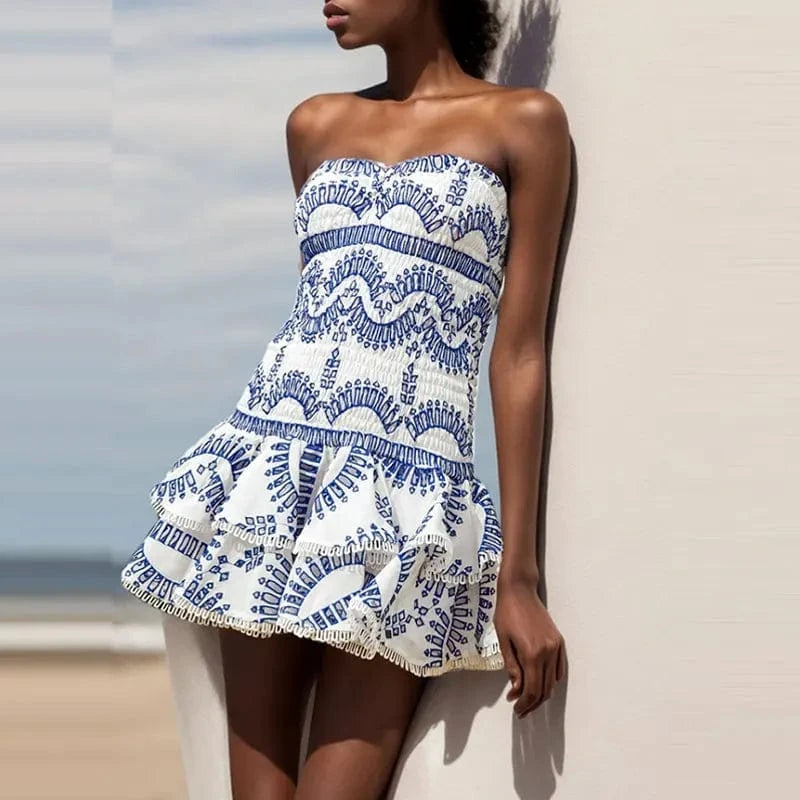 CHICEVER Elegant Dresses Casual Strapless Sleeveless High Waist Spliced Ruffles Hem Women Cotton Mini Summer Dress Woven Simple