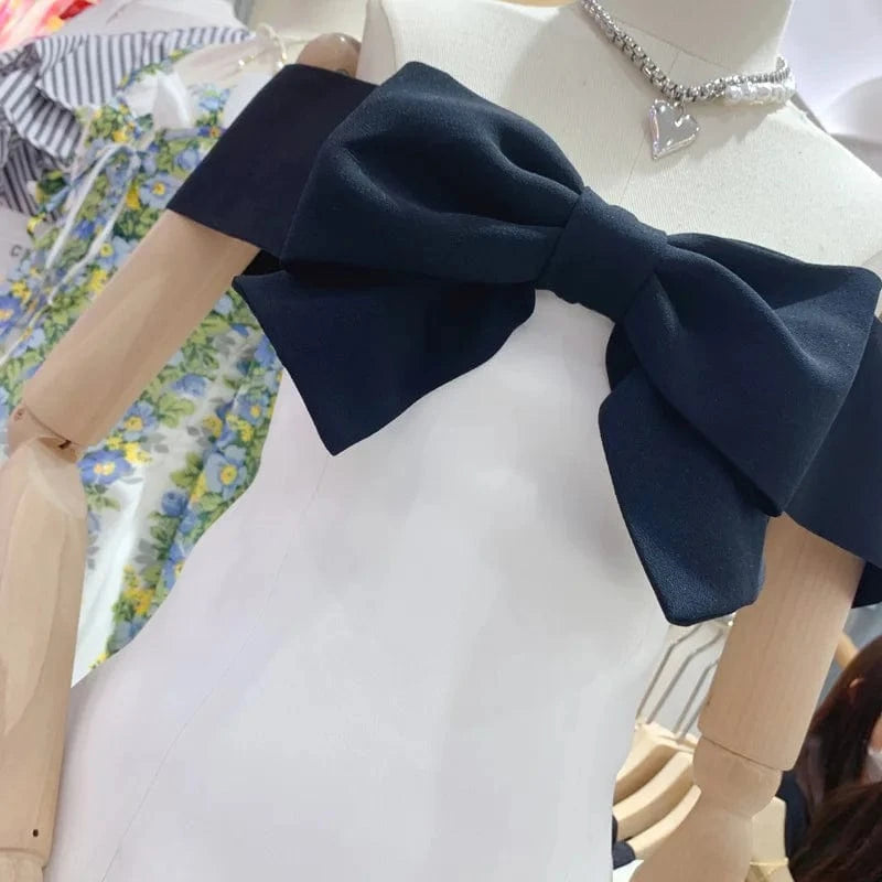 CHICEVER Elegant Dresses Hit Color Patchwork Bow Slash Neck High Waist Slim Lady Dress For Women