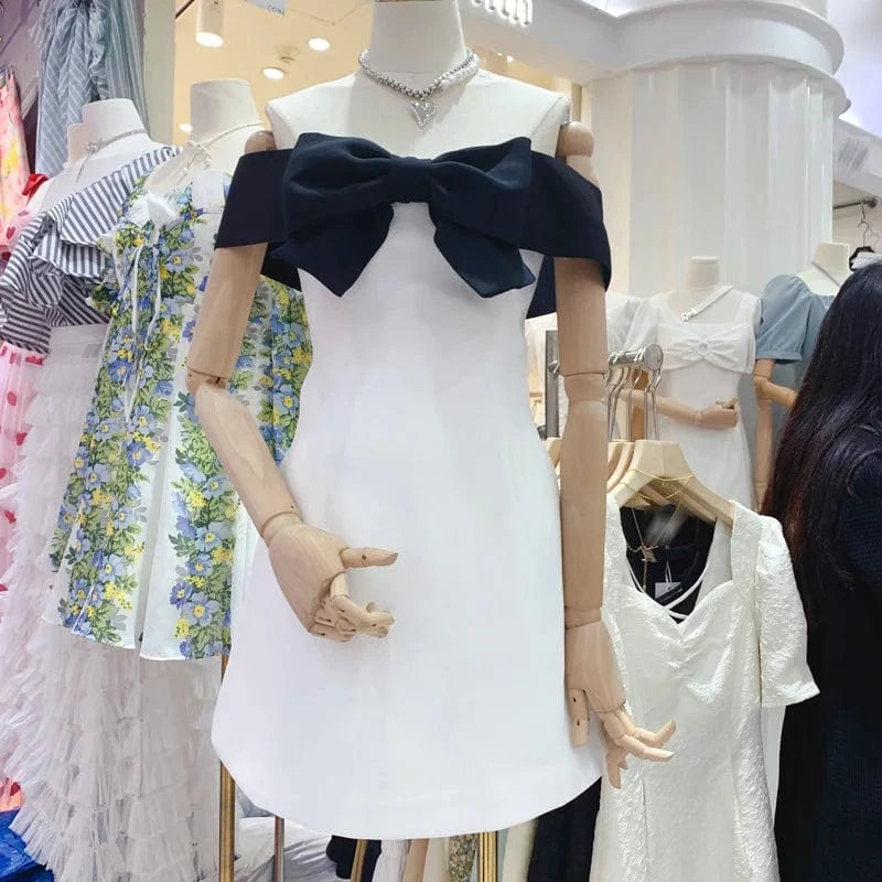 CHICEVER Elegant Dresses Hit Color Patchwork Bow Slash Neck High Waist Slim Lady Dress For Women