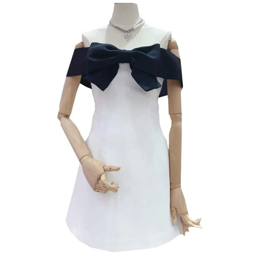 CHICEVER Elegant Dresses Hit Color Patchwork Bow Slash Neck High Waist Slim Lady Dress For Women