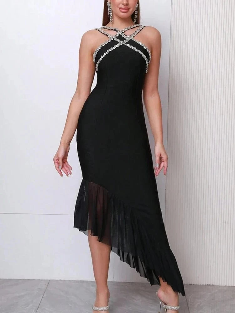 CHICEVER Elegant Halter Spliced Diamonds Sleeveless High Waist Backless Slim Long Dresses Summer Dress For Women