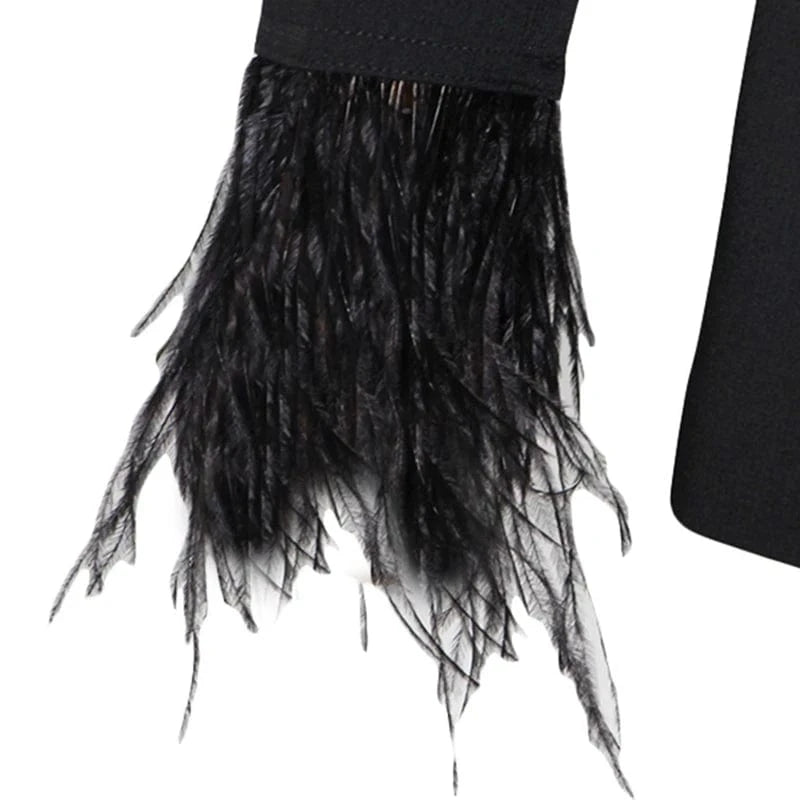CHICEVER Elegant Lady Patchwork Feathers V Neck High Waist Women Dresses Black Dress