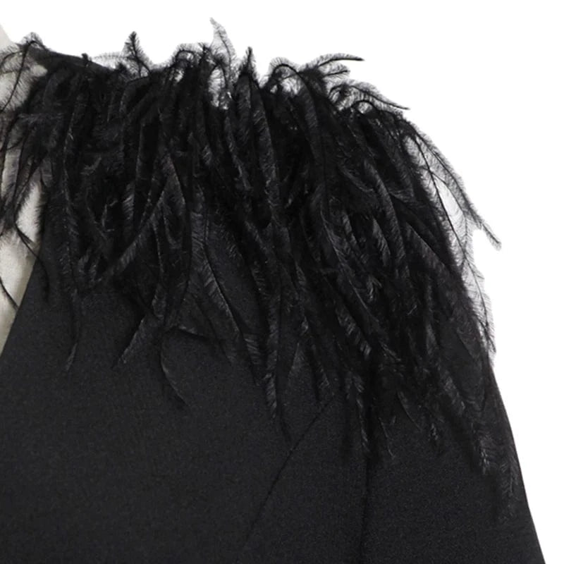 CHICEVER Elegant Lady Patchwork Feathers V Neck High Waist Women Dresses Black Dress