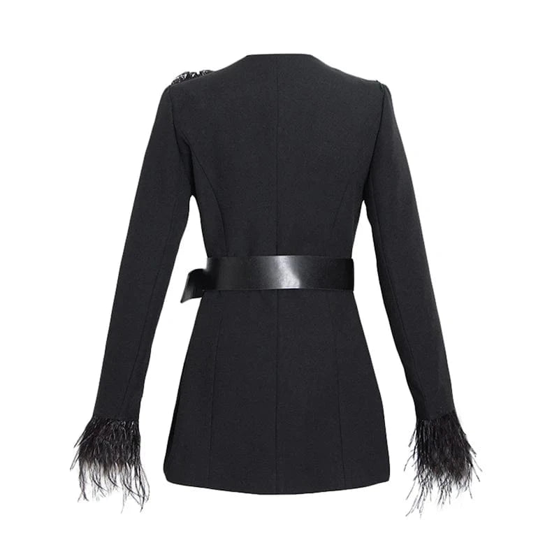 CHICEVER Elegant Lady Patchwork Feathers V Neck High Waist Women Dresses Black Dress