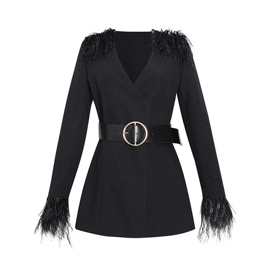 CHICEVER Elegant Lady Patchwork Feathers V Neck High Waist Women Dresses Black Dress