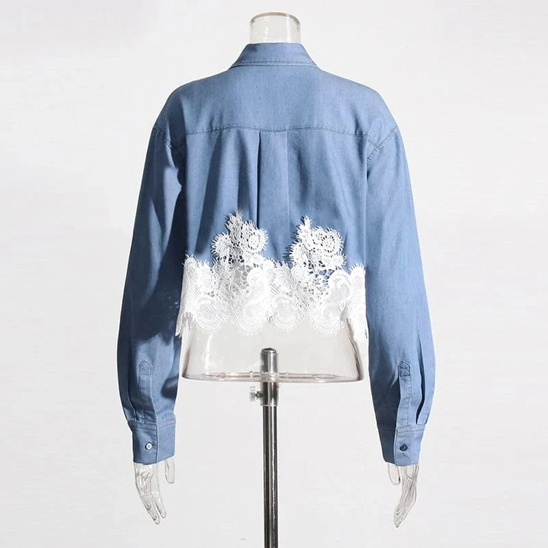 CHICEVER Elegant Lapel Splicing Lace Long Sleeve Spliced Single Breasted Women Tops And Blouses