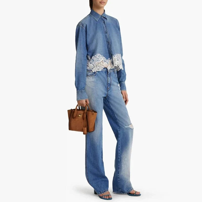 CHICEVER Elegant Lapel Splicing Lace Long Sleeve Spliced Single Breasted Women Tops And Blouses