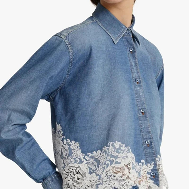 CHICEVER Elegant Lapel Splicing Lace Long Sleeve Spliced Single Breasted Women Tops And Blouses