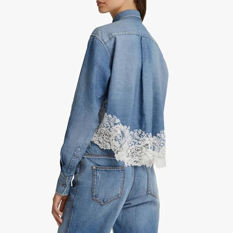 CHICEVER Elegant Lapel Splicing Lace Long Sleeve Spliced Single Breasted Women Tops And Blouses