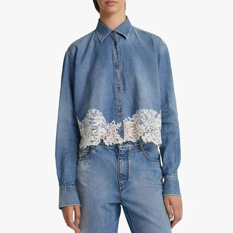 CHICEVER Elegant Lapel Splicing Lace Long Sleeve Spliced Single Breasted Women Tops And Blouses