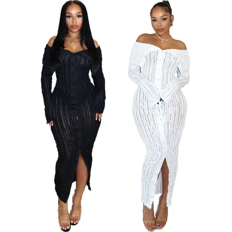 CHICEVER Elegant Long Sleeve Slash Neck Solid Color Lady Long Dresses Dress For Women