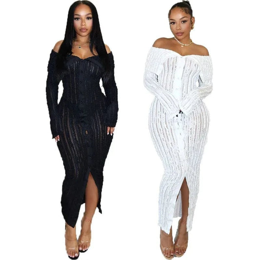 CHICEVER Elegant Long Sleeve Slash Neck Solid Color Lady Long Dresses Dress For Women