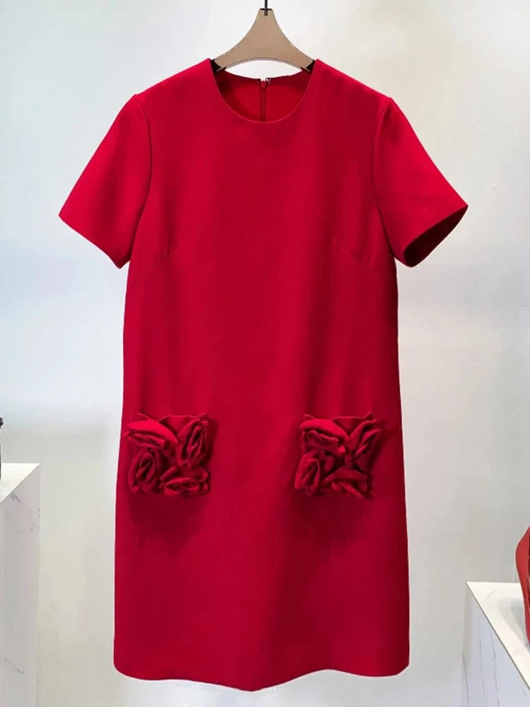 CHICEVER Elegant O Neck Short Sleeve High Waist Patchwork Zipper Slim Solid Color Dresses Summer Dress For Women